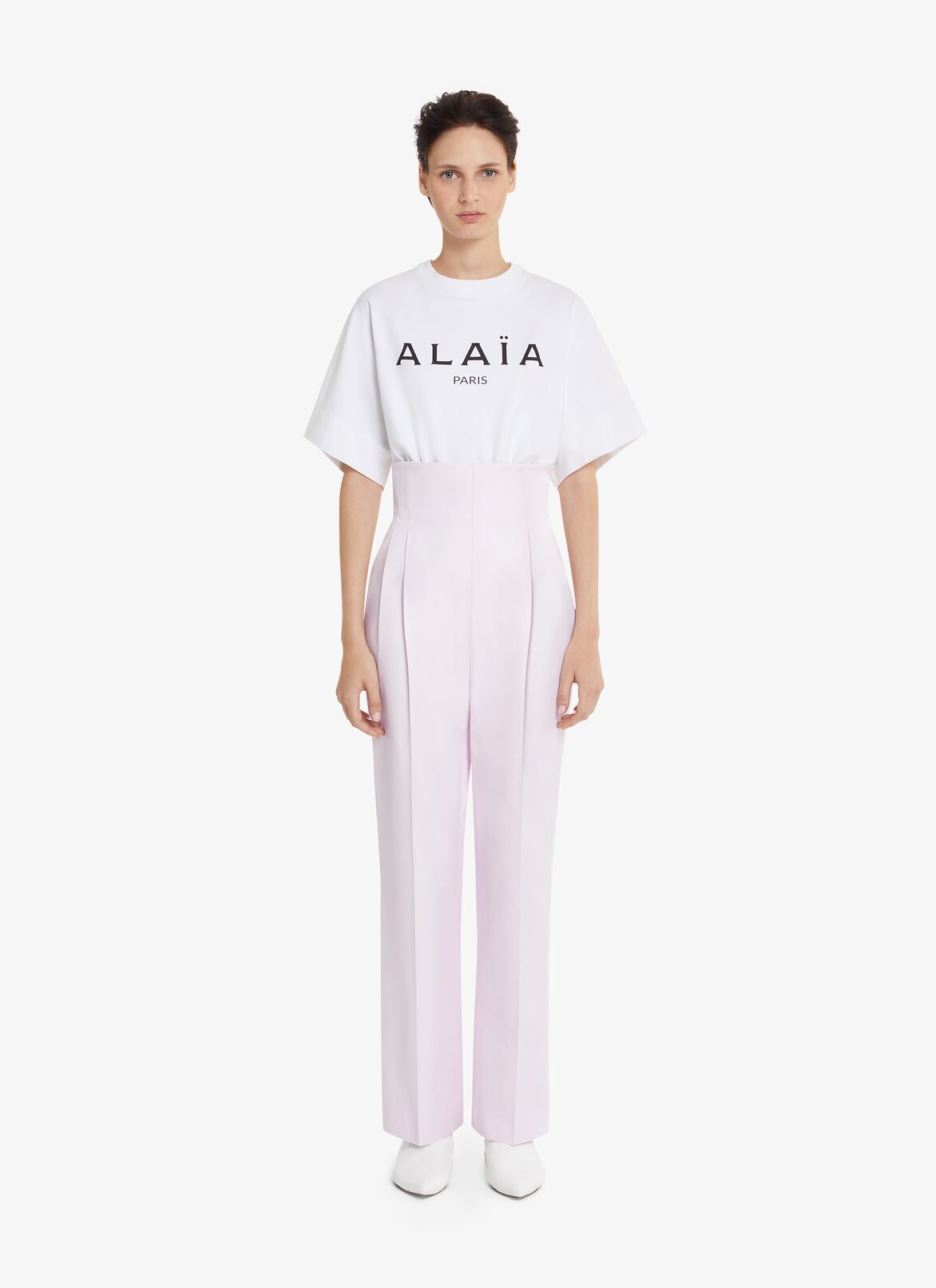 HIGH-WAIST SILK AND COTTON TROUSERS ALAÏA PALE PINK HIGH-WAIST SILK AND COTTON TROUSERS